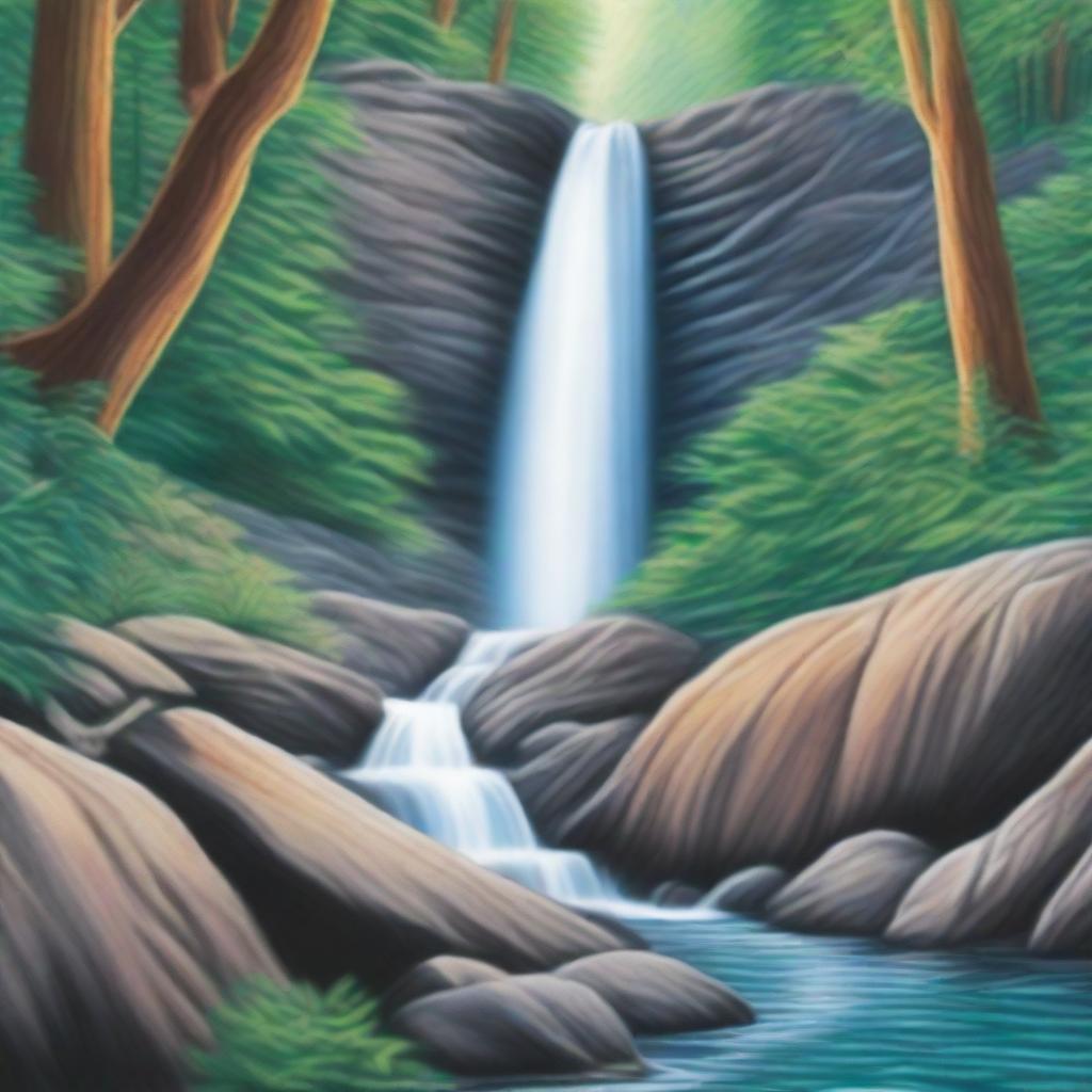 A picturesque waterfall cascading down rocks in a lush forest, drawn with the vibrancy and detail of colored pencils.