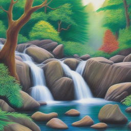 A picturesque waterfall cascading down rocks in a lush forest, drawn with the vibrancy and detail of colored pencils.