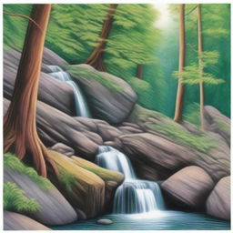 A picturesque waterfall cascading down rocks in a lush forest, drawn with the vibrancy and detail of colored pencils.