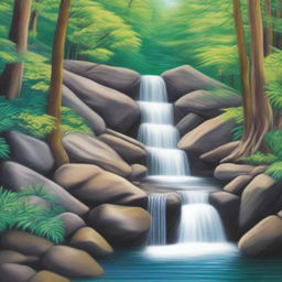 A picturesque waterfall cascading down rocks in a lush forest, drawn with the vibrancy and detail of colored pencils.