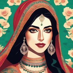 Create a close-up illustration of an Iranian woman with a bold color palette, incorporating elements of luminous Hollywood-style glamour portraits, emphasized by bold shadows, and Asian influences