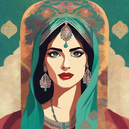 Create a close-up illustration of an Iranian woman with a bold color palette, incorporating elements of luminous Hollywood-style glamour portraits, emphasized by bold shadows, and Asian influences