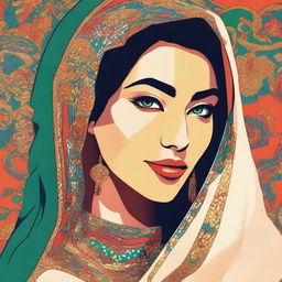 Create a close-up illustration of an Iranian woman with a bold color palette, incorporating elements of luminous Hollywood-style glamour portraits, emphasized by bold shadows, and Asian influences