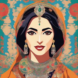 Create a close-up illustration of an Iranian woman with a bold color palette, incorporating elements of luminous Hollywood-style glamour portraits, emphasized by bold shadows, and Asian influences