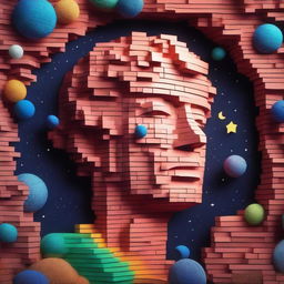 Generate a highly detailed, intricate, and colorful multi-dimensional brick-cut craft paper illustration in photorealistic 8K quality, utilizing cinematic lighting