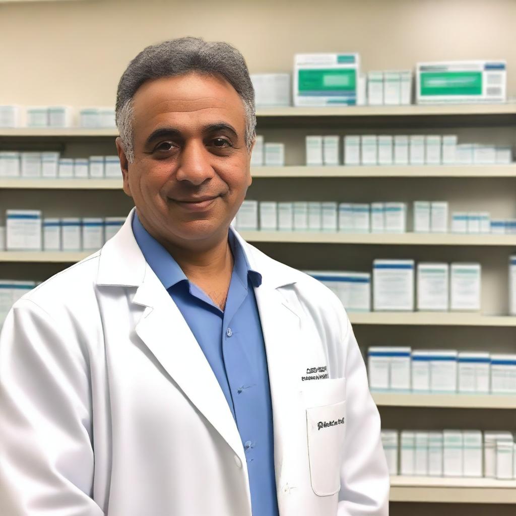 A man in his forties standing in a pharmacy wearing a white lab coat