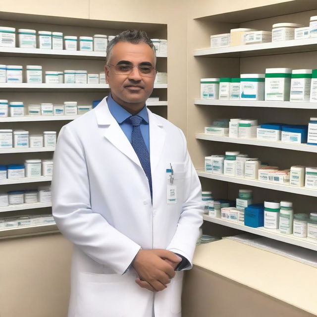 A man in his forties standing in a pharmacy wearing a white lab coat