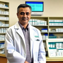 A man in his forties standing in a pharmacy wearing a white lab coat