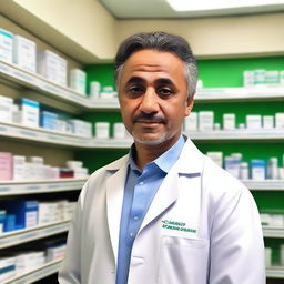 A man in his forties standing in a pharmacy wearing a white lab coat