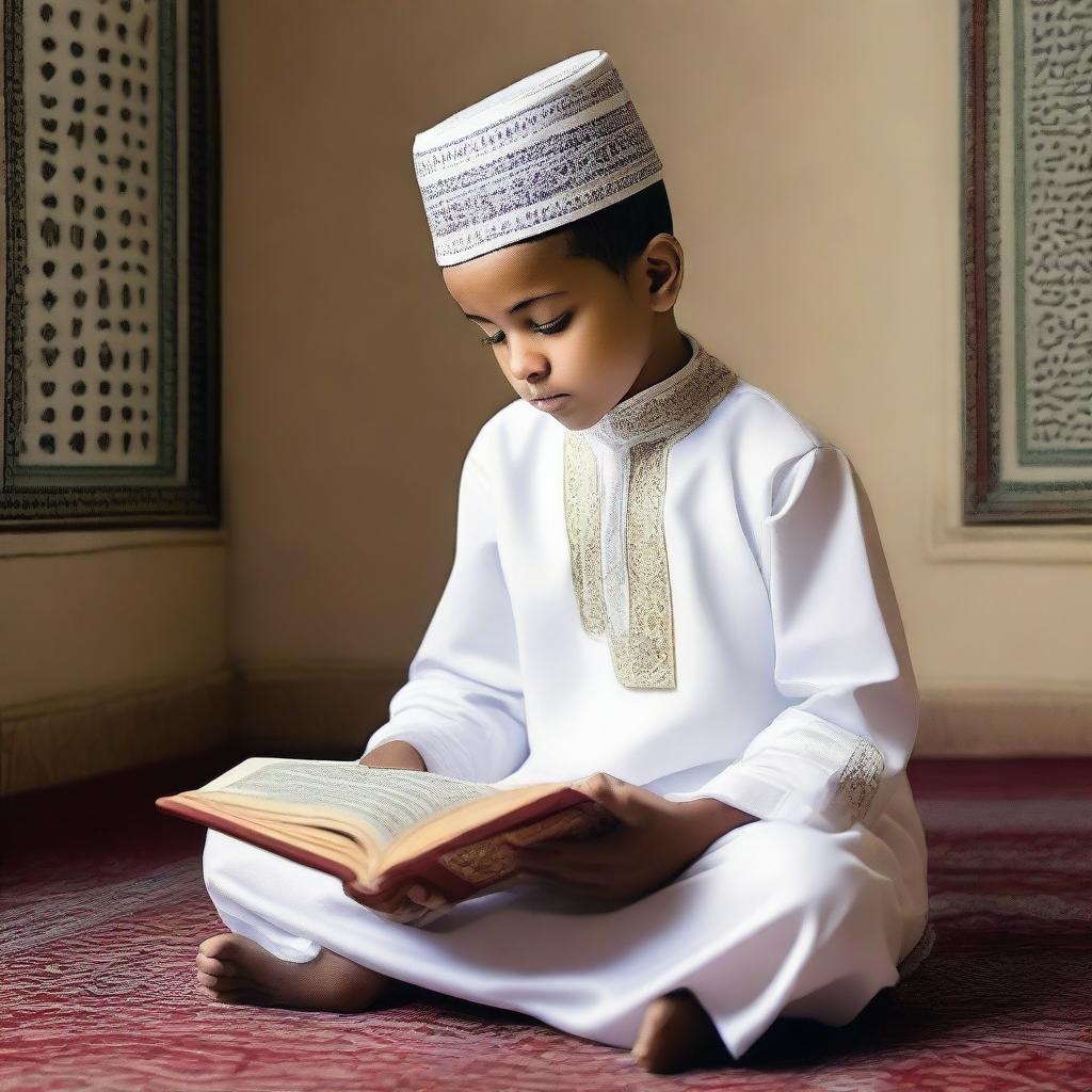 Illustrate a Dawoodi Bohra boy, dressed in a white kurta and topi (traditional hat), engrossed in reading the Quran.