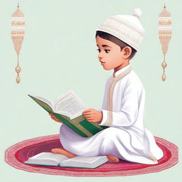 Illustrate a Dawoodi Bohra boy, dressed in a white kurta and topi (traditional hat), engrossed in reading the Quran.