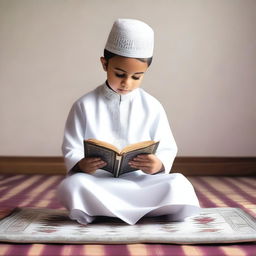 Illustrate a Dawoodi Bohra boy, dressed in a white kurta and topi (traditional hat), engrossed in reading the Quran.