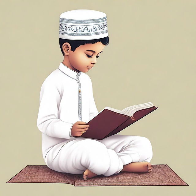 Illustrate a Dawoodi Bohra boy, standing upright in a white kurta and topi (traditional hat), absorbed in reading the Quran.