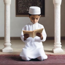 Illustrate a Dawoodi Bohra boy, standing upright in a white kurta and topi (traditional hat), absorbed in reading the Quran.