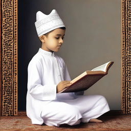 Illustrate a Dawoodi Bohra boy, standing upright in a white kurta and topi (traditional hat), absorbed in reading the Quran.