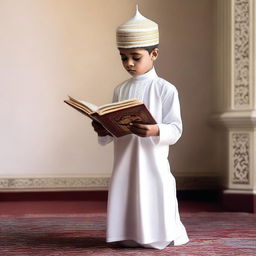 Illustrate a Dawoodi Bohra boy, standing upright in a white kurta and topi (traditional hat), absorbed in reading the Quran.