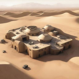 Envision a desert base, a modern fortification constructed amidst vast, barren sand dunes