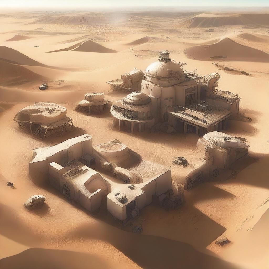 Envision a desert base, a modern fortification constructed amidst vast, barren sand dunes