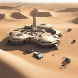 Envision a desert base, a modern fortification constructed amidst vast, barren sand dunes