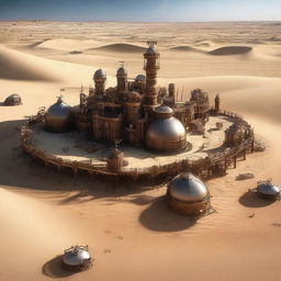 Create an image of a fascinating steampunk-style desert base, featuring elaborate machinery, metal structures, and steam-powered contraptions