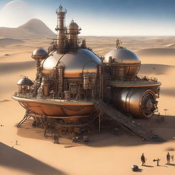 Create an image of a fascinating steampunk-style desert base, featuring elaborate machinery, metal structures, and steam-powered contraptions