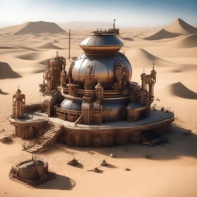 Create an image of a fascinating steampunk-style desert base, featuring elaborate machinery, metal structures, and steam-powered contraptions