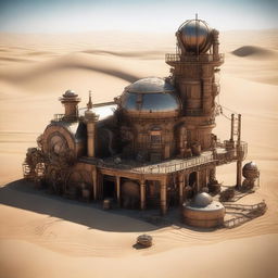 Create an image of a fascinating steampunk-style desert base, featuring elaborate machinery, metal structures, and steam-powered contraptions