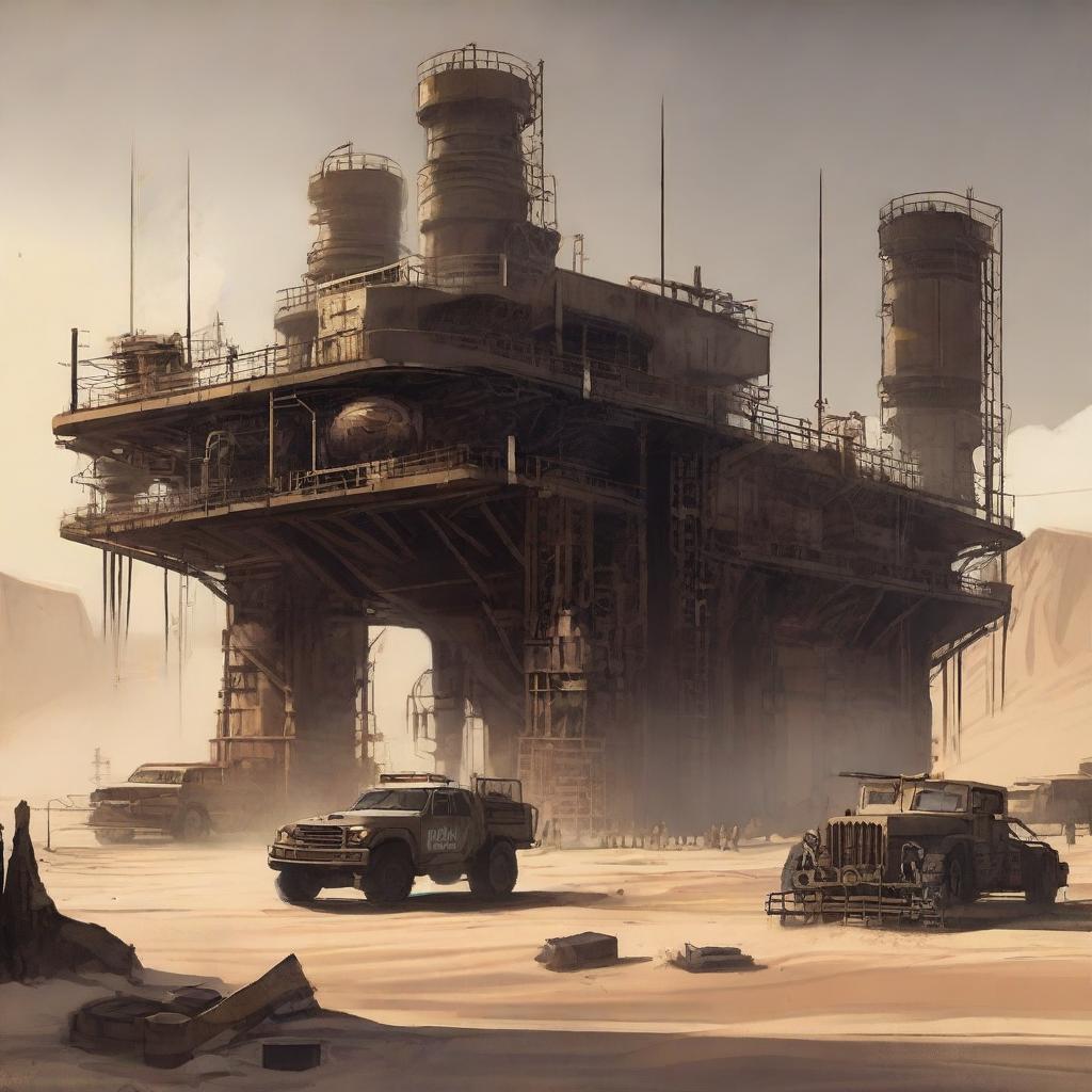 Depict a dieselpunk desert base with rugged, industrial aesthetics