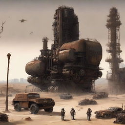 Depict a dieselpunk desert base with rugged, industrial aesthetics