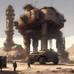 Depict a dieselpunk desert base with rugged, industrial aesthetics