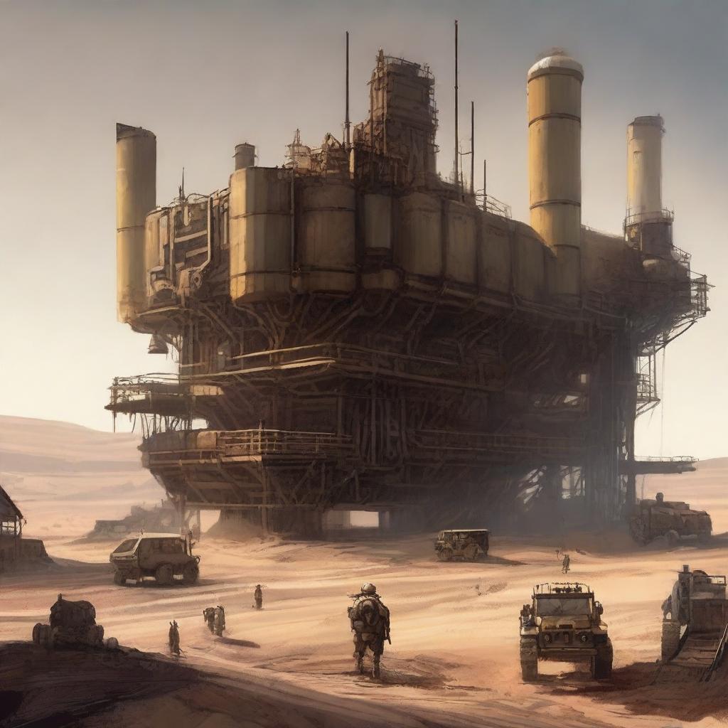 Depict a dieselpunk desert base with rugged, industrial aesthetics