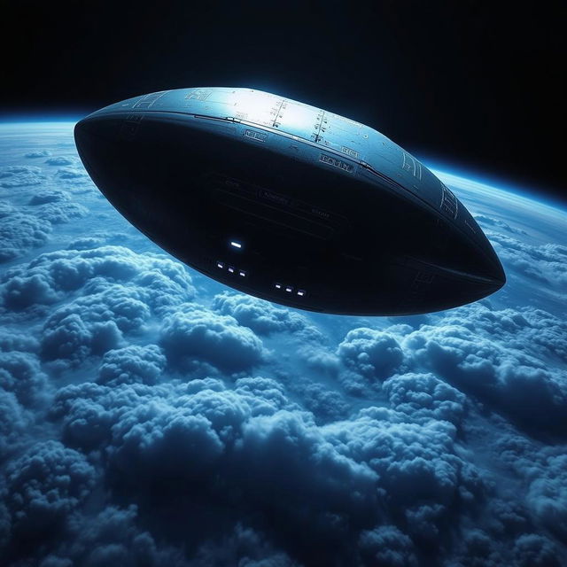 A futuristic, highly detailed spaceship shaped like a football, hovering above a beautiful Earth covered in fluffy clouds