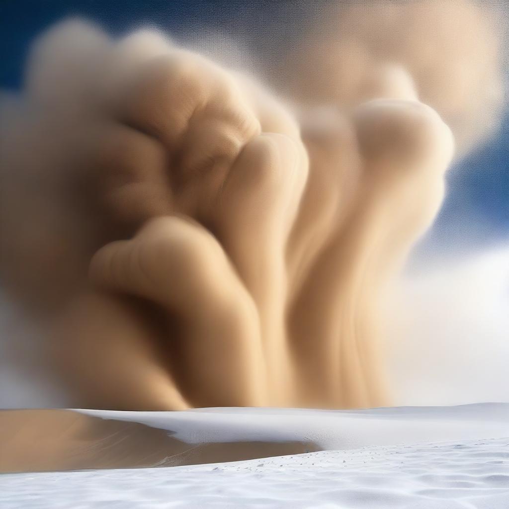 Depict an unusual phenomenon of a sandstorm occurring in a snow field