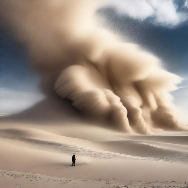 Depict an unusual phenomenon of a sandstorm occurring in a snow field