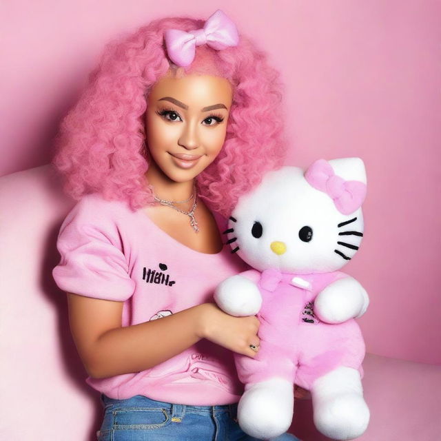 Doja Cat, the popular pop star, cuddling a Hello Kitty plush toy.