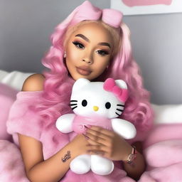 Doja Cat, the popular pop star, cuddling a Hello Kitty plush toy.