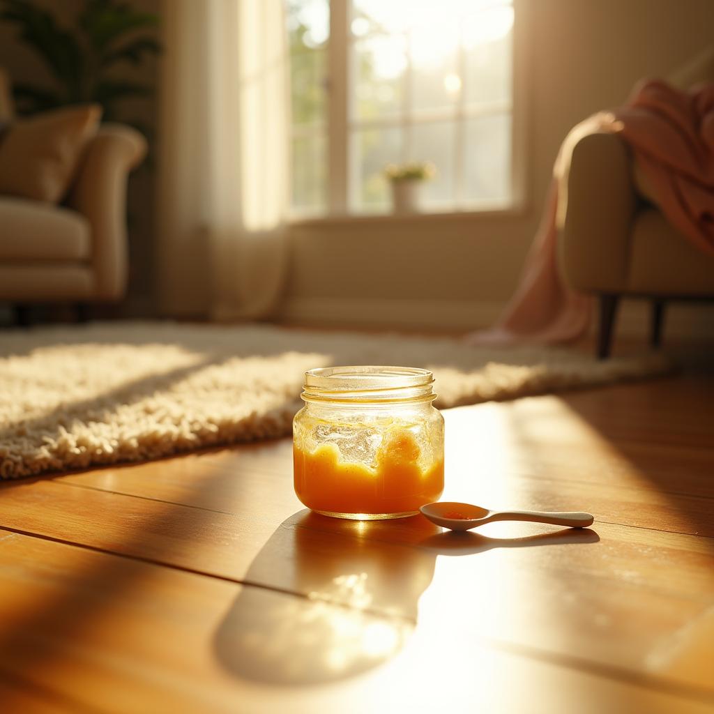 A cinematic shot of a half-eaten baby food jar resting on a wooden floor in a sunny living room