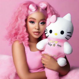 Doja Cat, the popular pop star, cuddling a Hello Kitty plush toy.