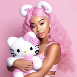 Doja Cat, the popular pop star, cuddling a Hello Kitty plush toy.