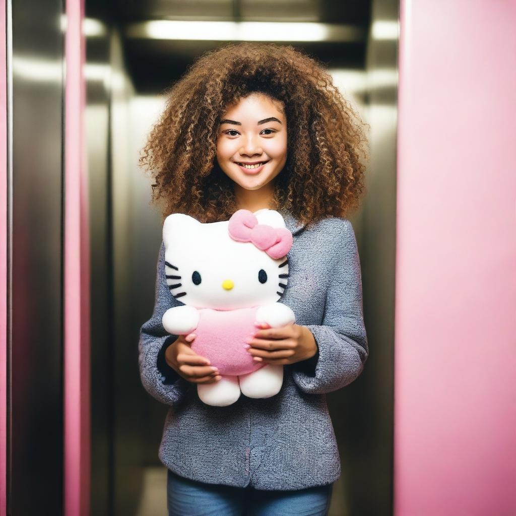 A charming woman with curly hair affectionately holding a Hello Kitty plushie inside an elevator.