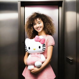 A charming woman with curly hair affectionately holding a Hello Kitty plushie inside an elevator.