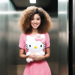 A charming woman with curly hair affectionately holding a Hello Kitty plushie inside an elevator.