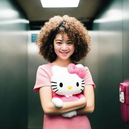 A charming woman with curly hair affectionately holding a Hello Kitty plushie inside an elevator.