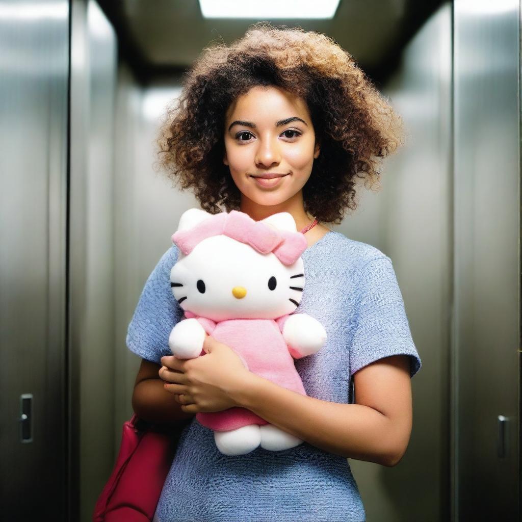 A captivating North African woman with curly hair tenderly holding a Hello Kitty plushie inside an elevator.