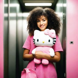 A captivating North African woman with curly hair tenderly holding a Hello Kitty plushie inside an elevator.