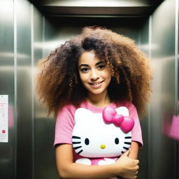 A captivating North African woman with curly hair tenderly holding a Hello Kitty plushie inside an elevator.