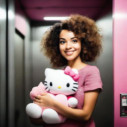 A captivating North African woman with curly hair tenderly holding a Hello Kitty plushie inside an elevator.