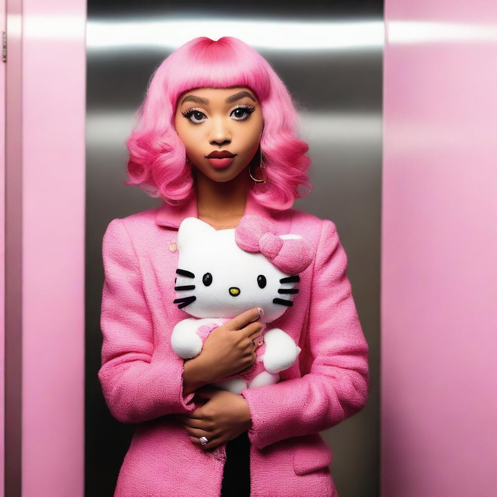 The real Doja Cat, the renowned artist, holding a Hello Kitty plushie while inside an elevator.