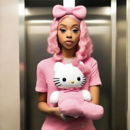 The real Doja Cat, the renowned artist, holding a Hello Kitty plushie while inside an elevator.