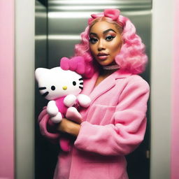 The real Doja Cat, the renowned artist, holding a Hello Kitty plushie while inside an elevator.